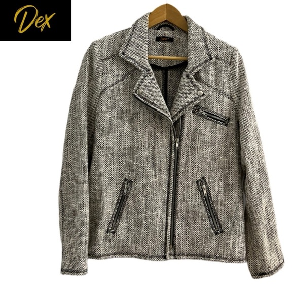 Dex Woman’s Black Grey White Tweed Moto Blazer - Picture 1 of 3